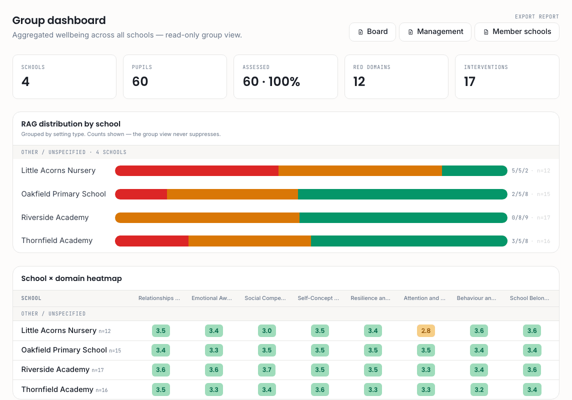 A trust group dashboard showing four schools' RAG distribution and a school-by-domain heatmap, mostly green with one amber cell